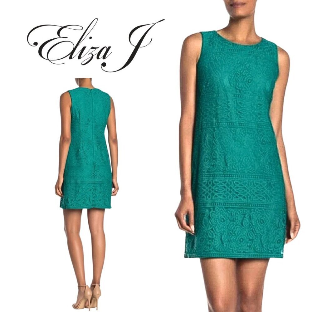 Eliza‎ J, Floral Lace Overlay Sleeveless Shift Dress, Green
